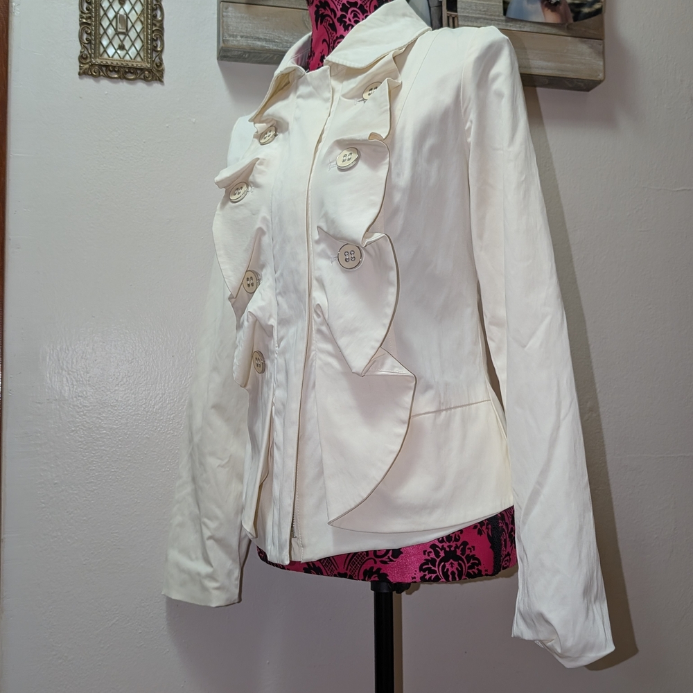Off White Zip Up Ruffle Front Jacket With Decorative Button Detail